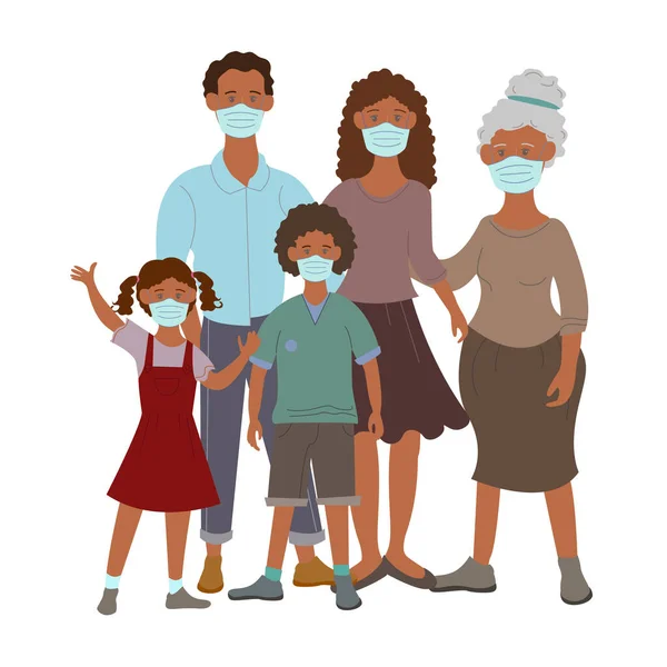 Vector Coronavirus Iconos Con Familia Afroamericana Máscaras Médicas Blanco — Vector de stock