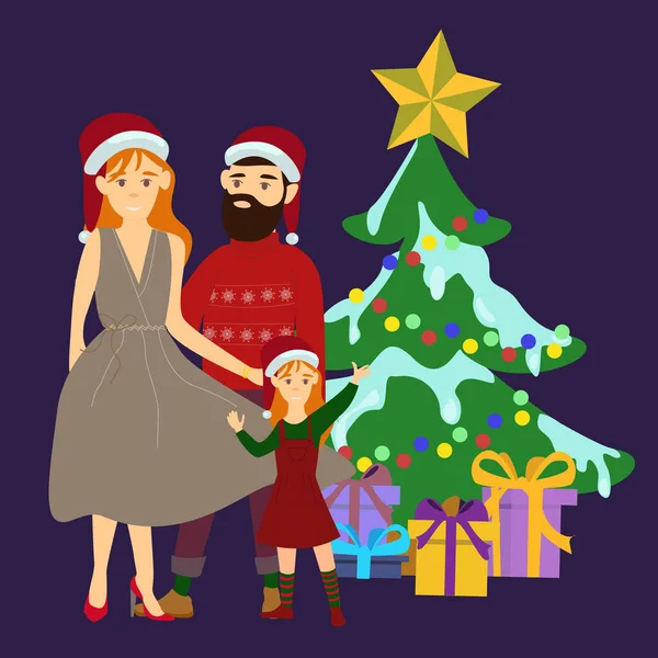 Vetor Com Pais Com Filha Perto Árvore Natal Azul Ilustração De Stock