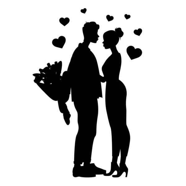 Silhouettes of man holding flowers near woman, black and white vector illustration — Stock Illustration Silhouettes Man Holding Flowers Woman Black White Vector Illustration Vector Graphics