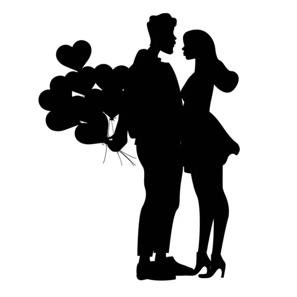 Silhouettes of man holding heart shaped balloons near woman, black and white vector illustration — Stock Illustration Silhouettes Man Holding Heart Shaped Balloons Woman Black White Vector Stock Illustration