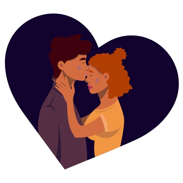 Couple hugging and kissing in black heart isolated on white, colorful vector illustration — Stock Illustration Couple Hugging Kissing Black Heart Isolated White Colorful Vector Illustration Stock Vector