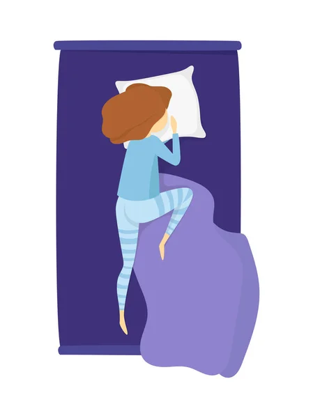 Vector Slapend Meisje Blauwe Pyjama Ligt Het Bed Illustratie Geïsoleerd — Stockvector