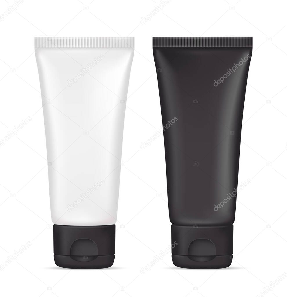 Vector cream tube. Black and white plastic cosmetic container. Package design, blank mockup template. 3d illustration isolated on white background