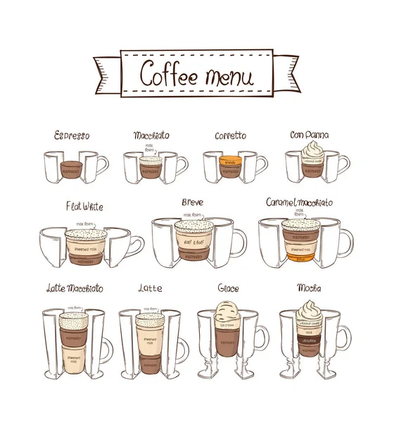 Types Café Infographique Partie Espresso Macchiato Coretto Con Panna Flat — Image vectorielle