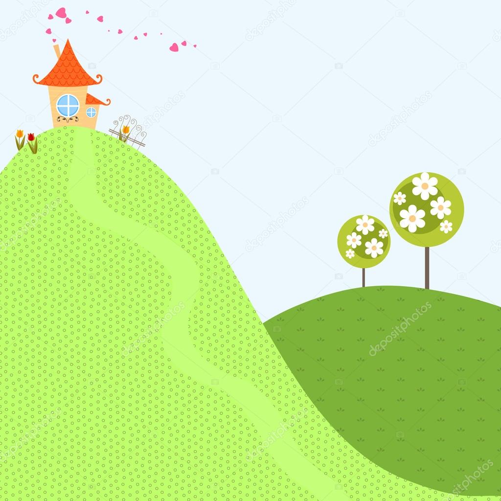 Home Tree Spring Background Sky House Hill Garden Flower Lovely Village Country Vector Illustration