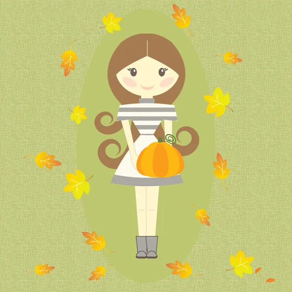 Automne Fille tenant citrouille Symboles d'automne Feuilles Illustration vectorielle — Image vectorielle