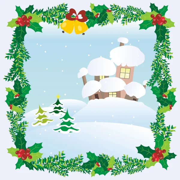 Christmas Landscape Winter Snow Houses Roofs Framed Holiday Mood Vector — Stock Vector
