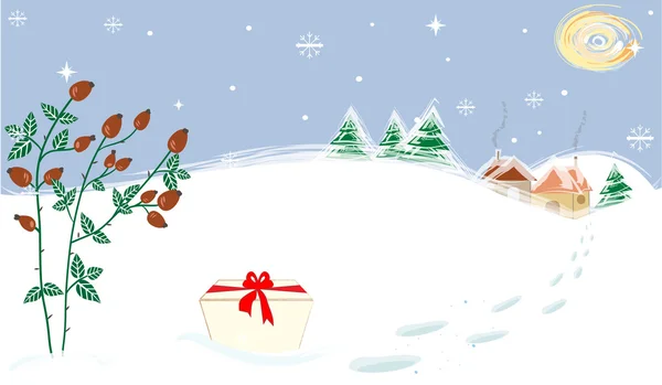 Winter Landscape Stars Moon Briar Present Vector de regalo de Navidad — Vector de stock