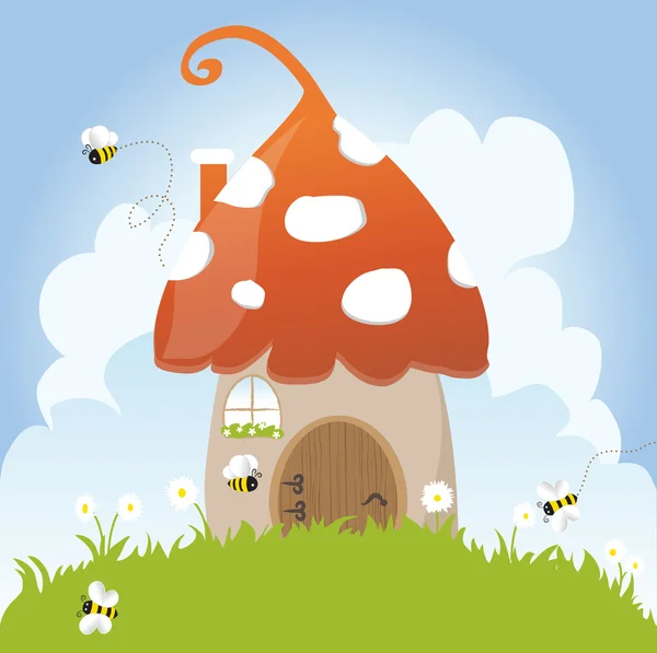 Spring Bees House Mushroom Door Fairy Tale Clouds Blue Sky Vector Illustration Grass Flowers Fantasy Childhood Imagination Art — Stock Vector