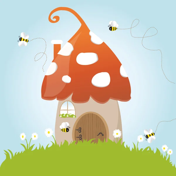 Spring Mushroom House Bees Flower Grass Green Door Blue Sky Vector Illustaration Cartoon Flowers Window Summer Art Animation — Stock Vector