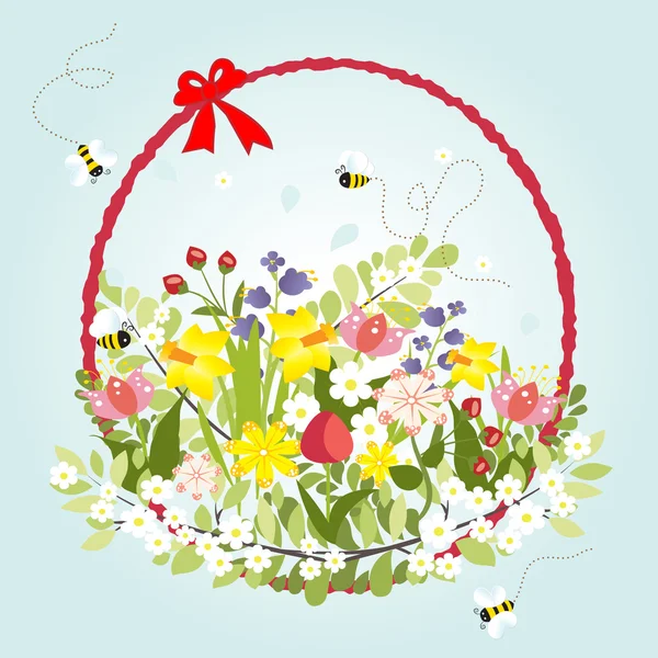 Lente bloemen Blossom liefde Vintage Cartoon Bee decoratie romantische vectorillustratie — Stockvector