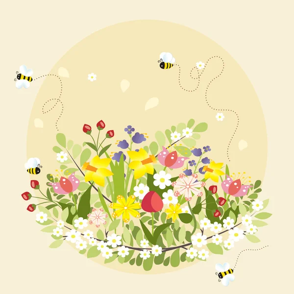 Flores de primavera hermosa hermosa abeja de dibujos animados Vector Ilustración — Archivo Imágenes Vectoriales