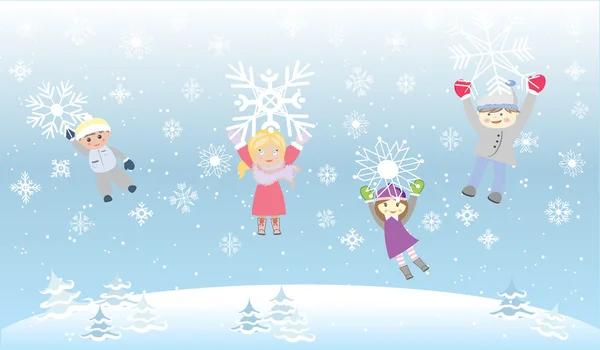 Bambini Bambini Playiong neve inverno vettoriale illustrazione — Vettoriale Stock