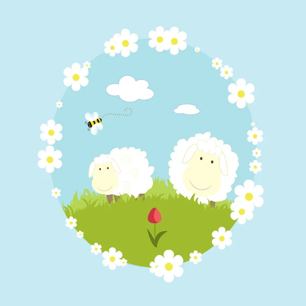 Landscape farm with sheeps and bee cartoon nature vector illustration — Stock Vector