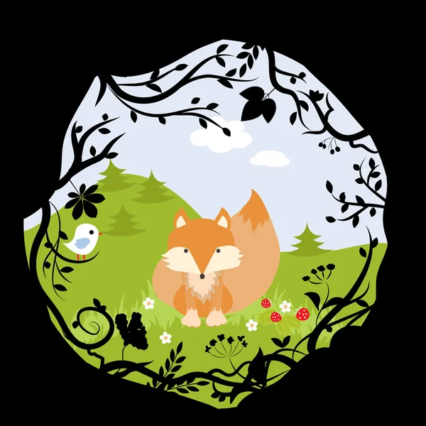 Set Forest Fox Bird Wild Cute Nature Woods Cartoon Illustration — Stock Fotó