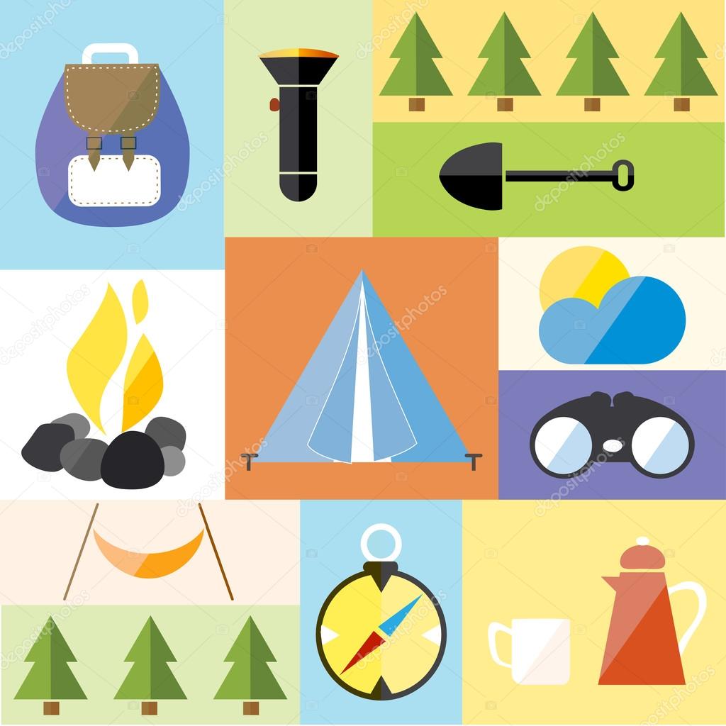 Camp Tent Set Icon Adventure Hike Forest Travel Vector Illustration