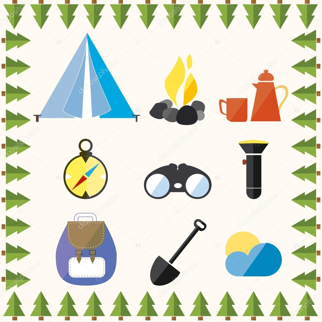 Tree Wild Camp Rest Equipment Vacation Mountain Vector Illustration