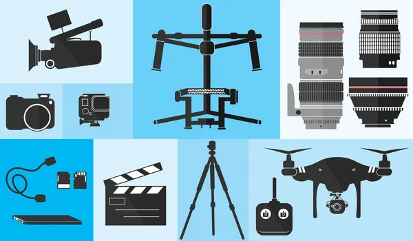 Filmagem Equipamento de fotografia Shoot Set Pro Camera Cinema Lens Technology Vector Illustration —  Vetores de Stock