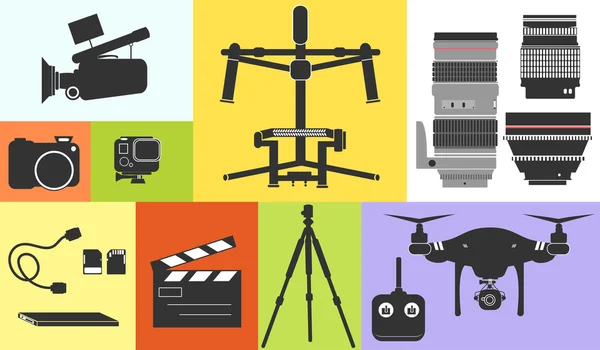 Filmagem de cinema de ícone de silhueta Foto Equipamento profissional Drone Technology Vector Illustration — Vetor de Stock