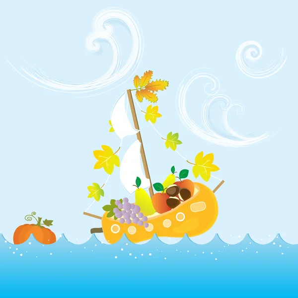 Kreskówka spadek jesienią kolorowe owoce morza Łódź liści ilustracji wektorowych — Wektor stockowy