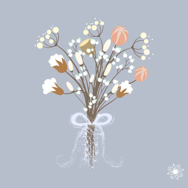 Vector illustration of beautiful decoration with winter bouquet of flowers in pastel colors with ribbon — Stock Vector