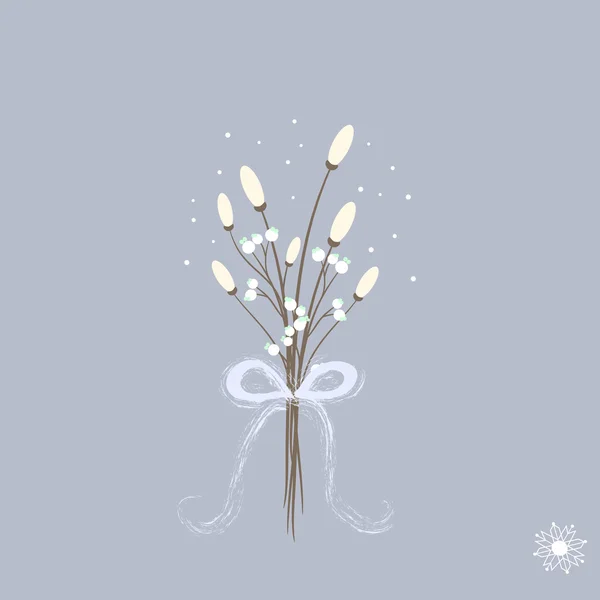 Zoete cartoon winter bouquette met witte bloemen sneeuwvlok en lint — Stockvector