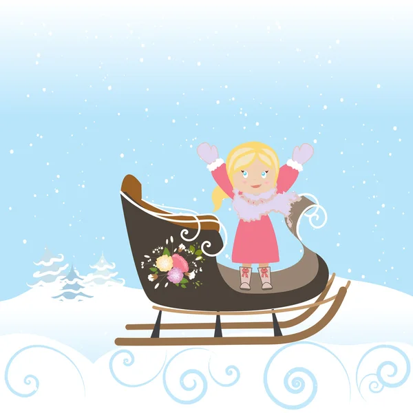 Sled Girl Child Smile Christmas Winter Snowflake Nature Vector Illustration — Stock Vector