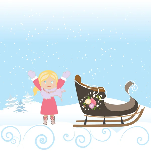 Happy Child Sled Winter Christmas Snow Snowflake Old Vector Illustration — Stock Vector