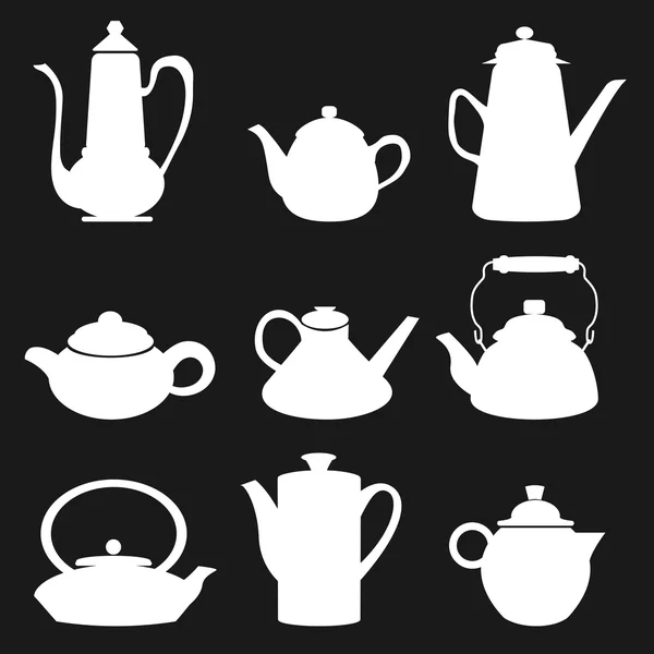 Thee koffie pictogram zwart silhouet waterkoker Diferent Retro instellen vectorillustratie — Stockvector