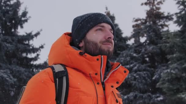 Взрослый кавказский мужчина, 30 лет, идет к камере под соснами, покрытыми снегом. — стоковое видео