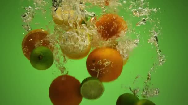 Mieszanina egzotycznych owoców cytrusowych wpadających do wody w zwolnionym tempie - pomarańcza, limonka, grejpfrut, cytryna — Wideo stockowe