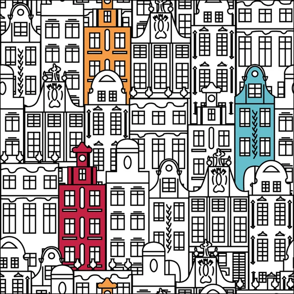 Бесшовный узор с красочными многоступенчатыми зданиями — стоковый вектор