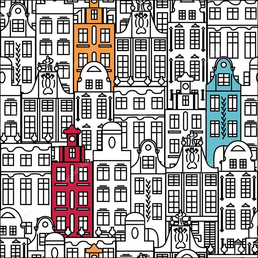 Seamless pattern with colorful multistage buildings