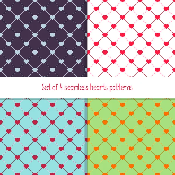 Set of 4 many-colored seamless patterns with rhombuses and hearts — Stock Vector