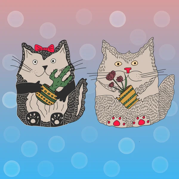 Cartoon cats with flowerpots — Stock Vector