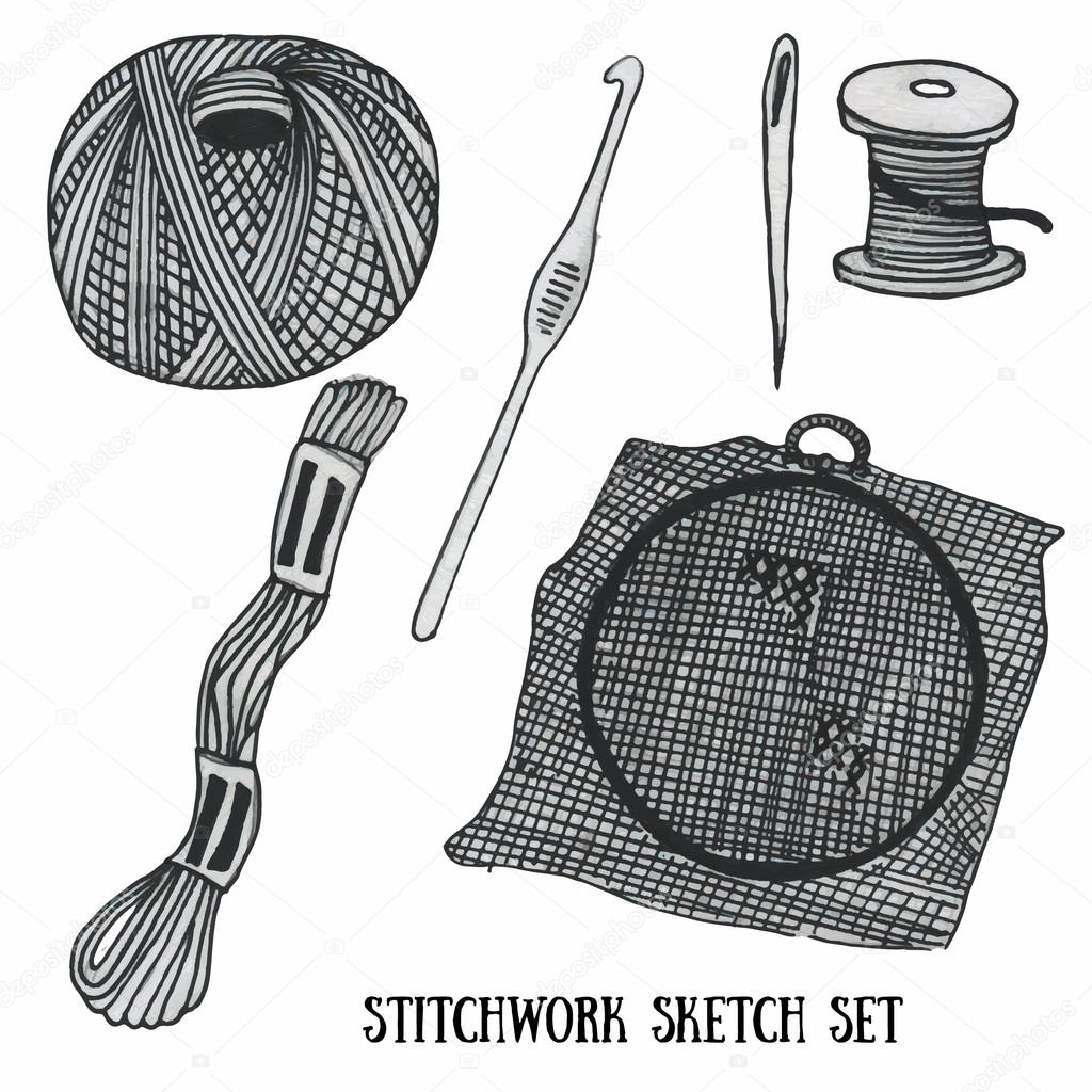 Hand drawn set with stitchwork items
