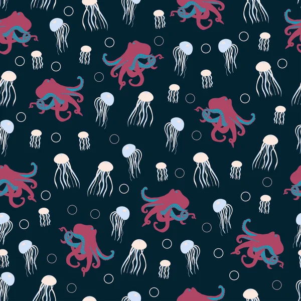Θάλασσα ζωή με χταπόδια και jellyfishes — Διανυσματικό Αρχείο