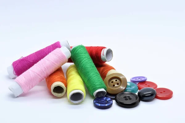 Colored Cotton Threads Buttons White Background — Stock Photo, Image