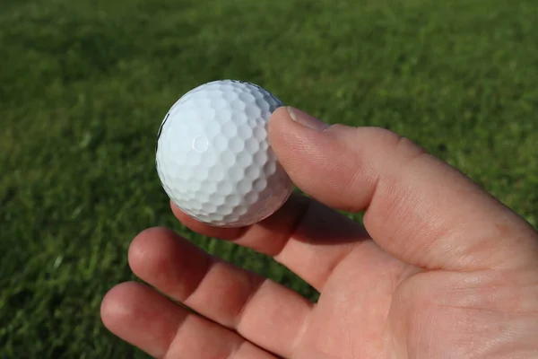 Golf Topunu Tutan Bir Elin Yakın Çekimi Yeşil Bulanık Arkaplan — Stok fotoğraf