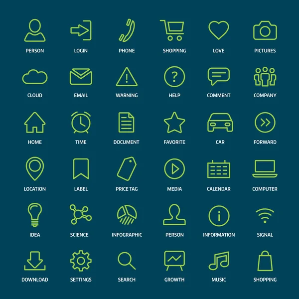 Conjunto de iconos básicos de contorno verde para impresión o web — Archivo Imágenes Vectoriales