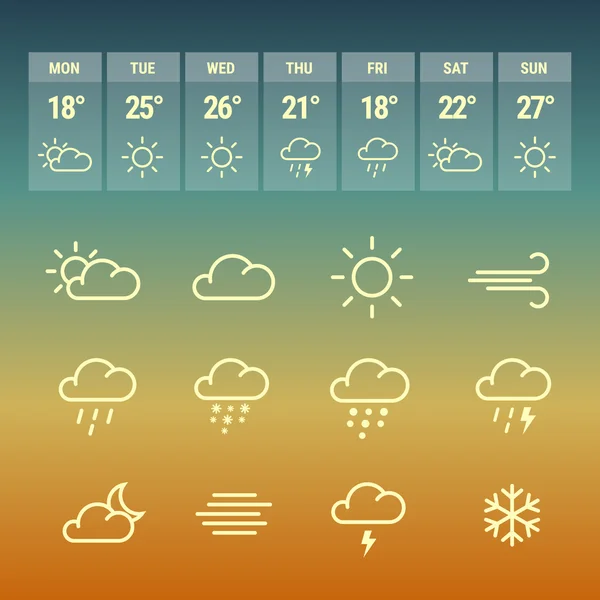 Météo forcast ligne icônes sur chaud . — Image vectorielle