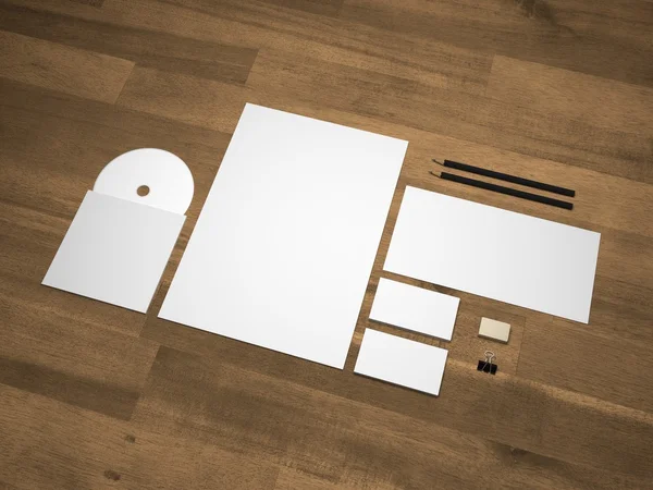 Ilustrasi 3D stationery branding mock-up di kayu — Stok Foto