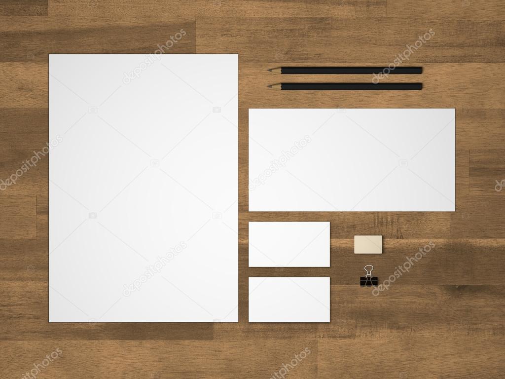 Stationery 3D illustration branding mock-up with letterhead on wood