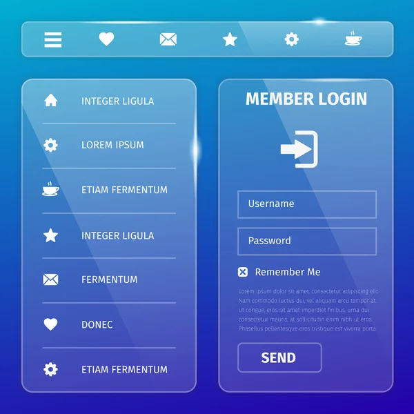 Interface utilisateur mobile transparente sur bleu — Image vectorielle