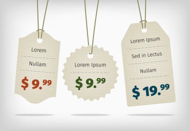 Hanging cardboard pricing tags with colorful prices clipart