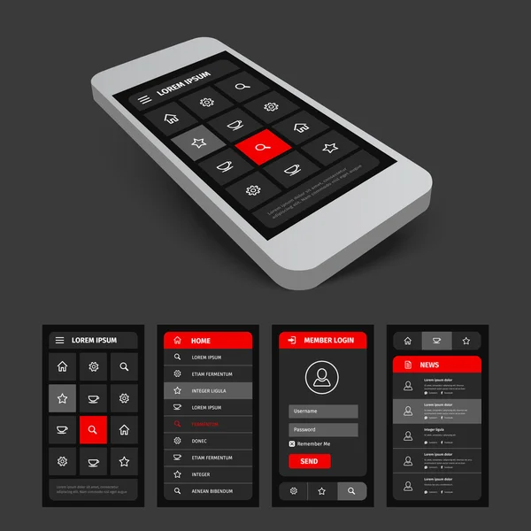 Conjunto de ui móviles negro y rojo — Vector de stock