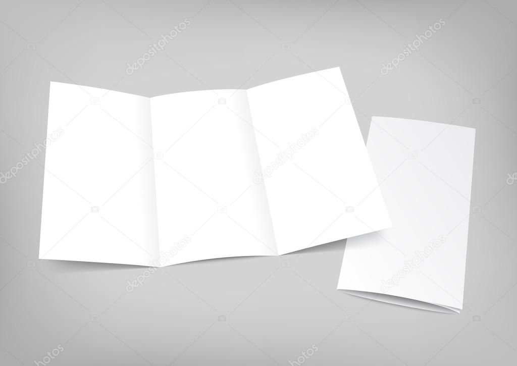 Blank white folding paper flyer on gray background.