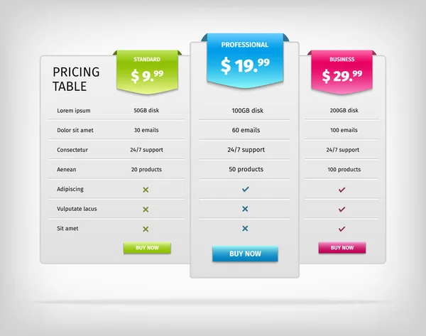 Plantilla de tabla de precios web colorida para plan de negocios . — Archivo Imágenes Vectoriales