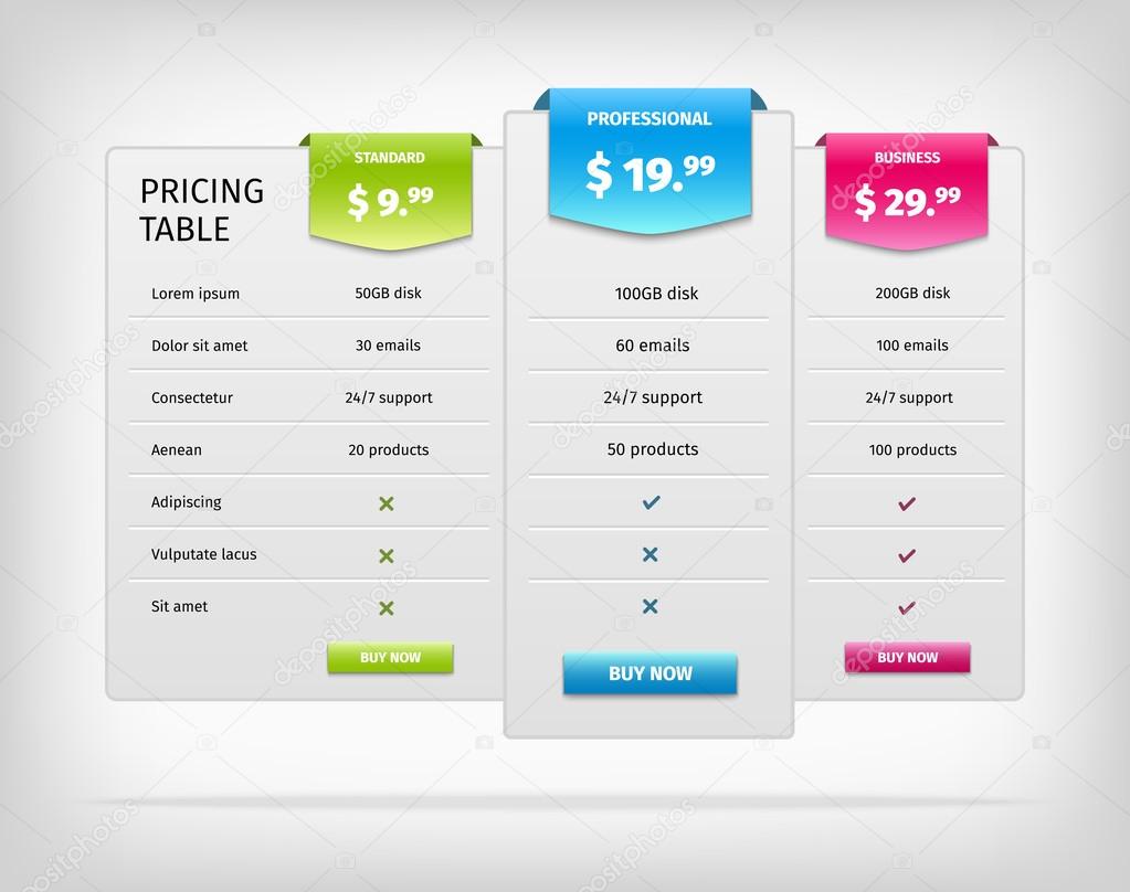 Colorful web pricing table template for business plan.