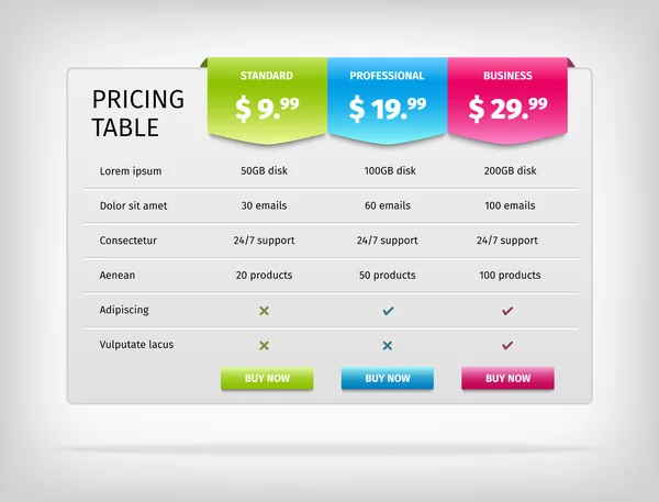 Vector colorful pricing table template for business. — Stock Vector